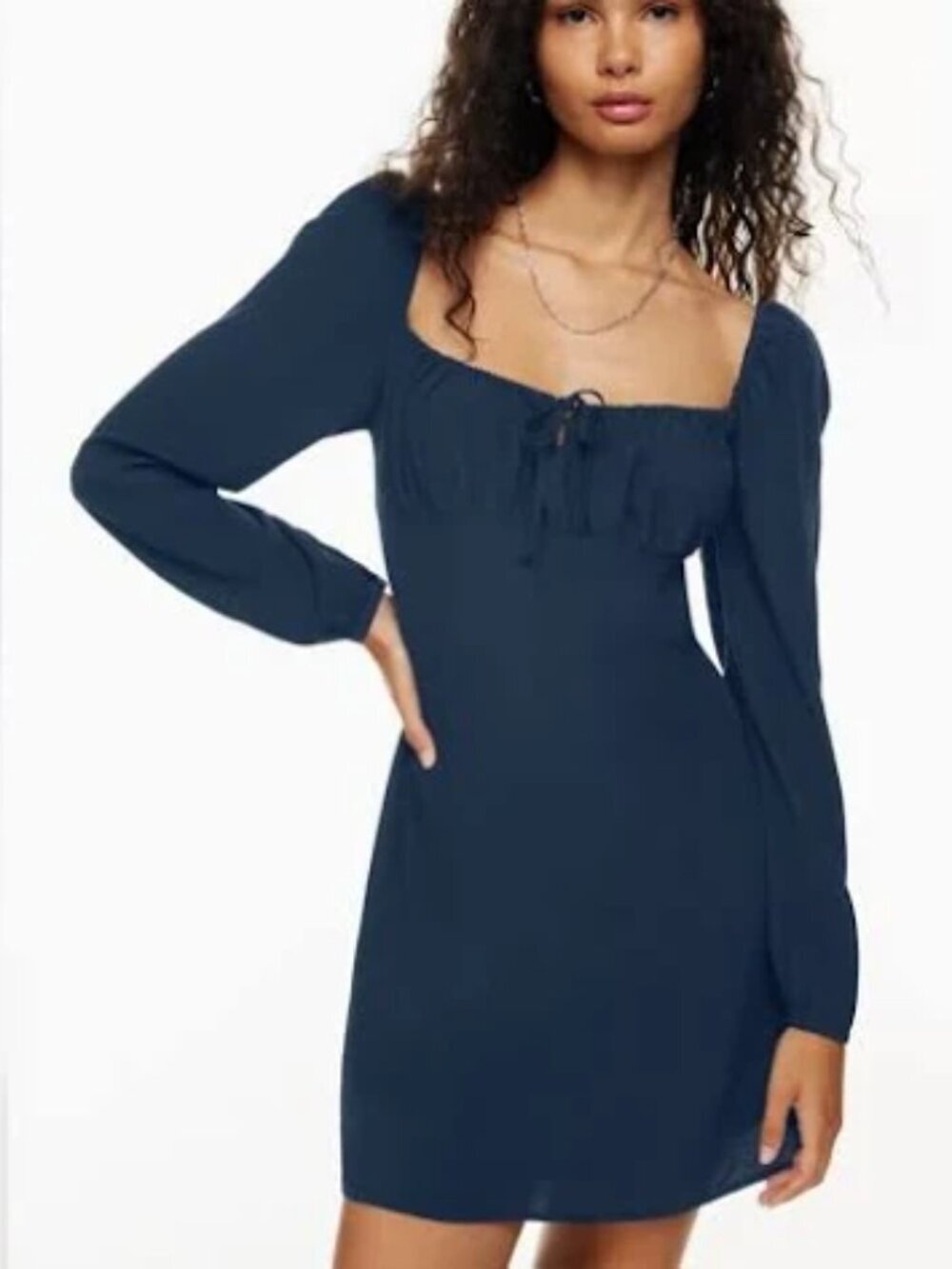 Sunday Best Delilah Dress Mini Long Puff Sleeve Stretch Shirred Blue Size Small